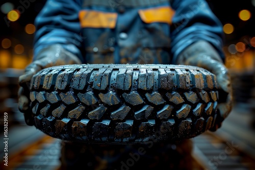 Girl in automotive overalls promoting tire fitting and car repair services with a tire in hand