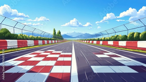 Top view of race car track with start and finish line. Vector cartoon illustration of straight road for auto rally competition with white grid pattern marking on asphalt