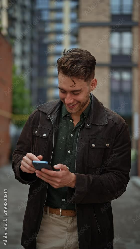 Vertical portrait of happy young man using mobile phone while walking along city street, smiling looking to smartphone screen, enjoying vibrant urban atmosphere. Shooting in slow motion.
