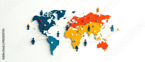A colorful world map featuring various human figures, representing global connections and diversity across continents.