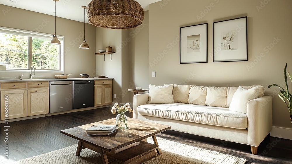 Contemporary studio apartment with light beige walls, dark wood floors, and a clean layout