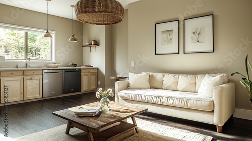 Obraz na płótnie Contemporary studio apartment with light beige walls, dark wood floors, and a clean layout w salonie