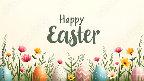 Happy Easter greeting card with colorful eggs and flowers. Spring celebration.