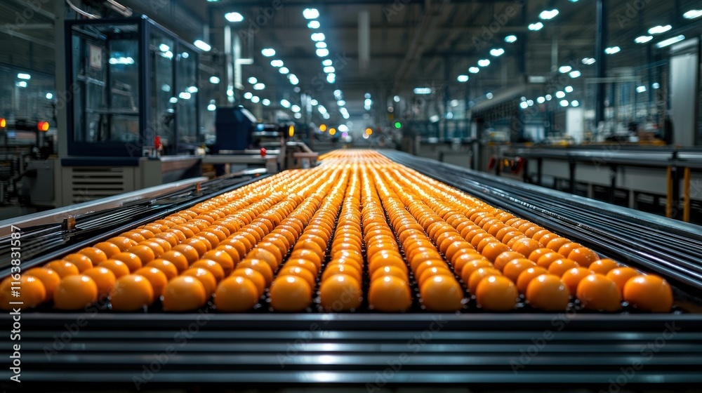 Fototapeta premium Conveyor belt with rows of oranges in a factory setting.