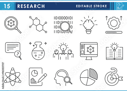 A set of line icons related to Research. Data, science, search, investigate, idea, growth, setup, mind, intelligence, graph, and so on. Vector editable stroke.