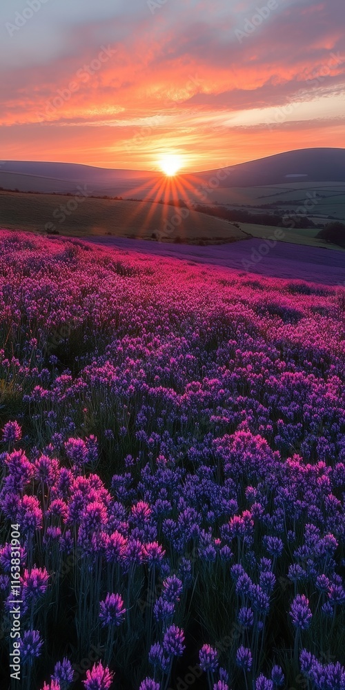 Obraz premium Sunset over purple wildflowers in a field.