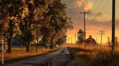 A serene country road lined with tall, swaying trees and old telephone poles, with an abandoned red barn in the distance under a golden sunset. 32k, full ultra hd, high resolution photo