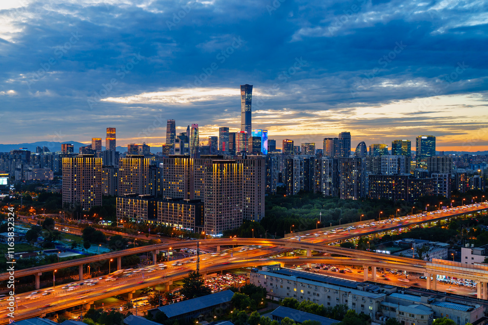 Fototapeta premium Night view of the skyline of Beijing CBD area at sunset