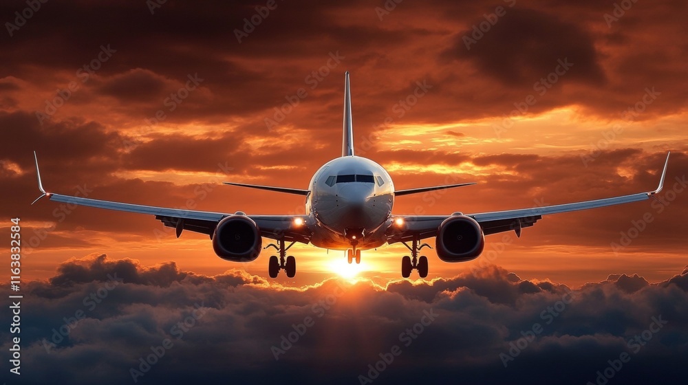 Fototapeta premium Modern Passenger Airplane Flying Through Beautiful Sunset Panorama in the Sky Above Clouds During Flight