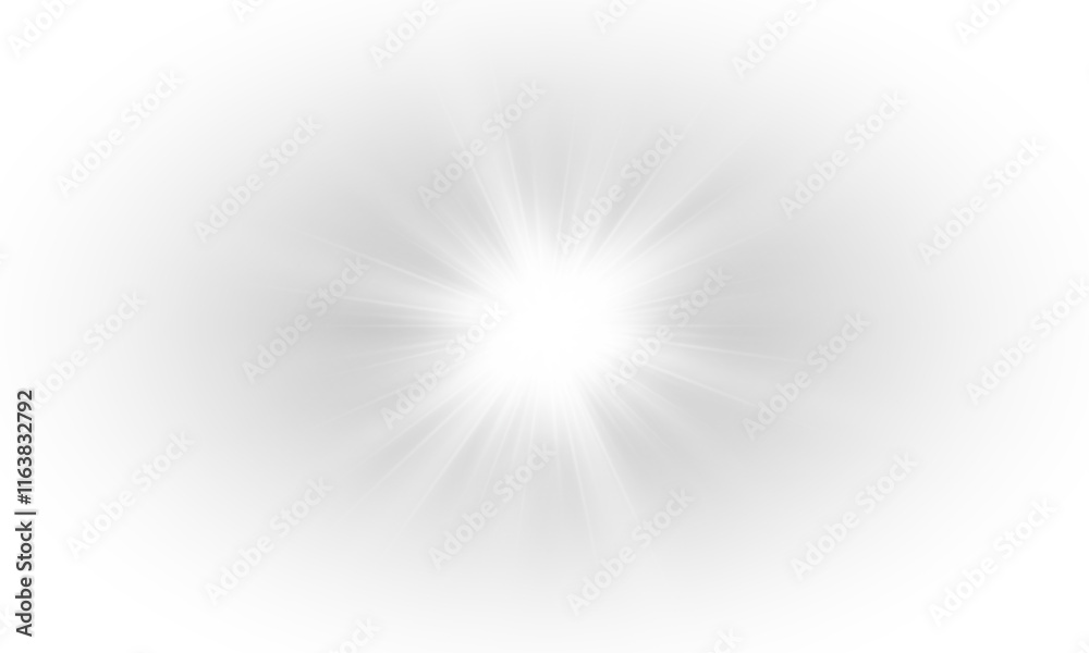 Yellow star flashed with sparkles sun isolated on white background. Soft glow without departing rays, sunlight with lens flare effect. PNG vector light effect.