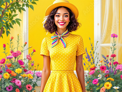 This is a cartoon image of a smiling woman wearing a yellow dress with a red belt.  photo