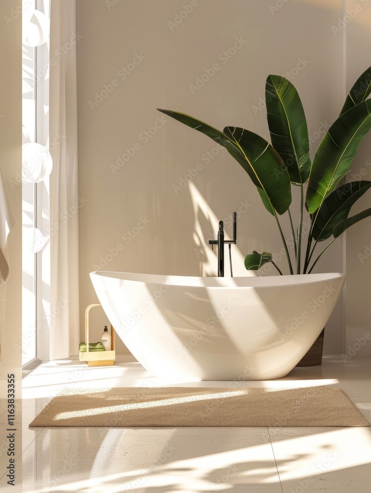 Fototapeta premium Modern minimalist bathroom with white bathtub and tropical plants creating a relaxing atmosphere