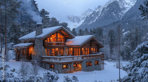 Chalet de luxe enchanteur niché dans les Alpes enneigées photo