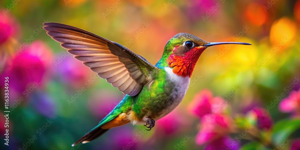 Fototapeta premium Hummingbird in Flight: Captivating Fashion Photography of Nature’s Elegance with Wings Spread Wide, Vibrant Colors, and Graceful Movements in a Lush Environment