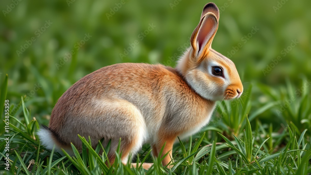 Cute Brown Rabbit on Grass - Nature Scene, Field, Adorable Cute Brown Rabbit on Grass - Nature Scene, Field, Adorable