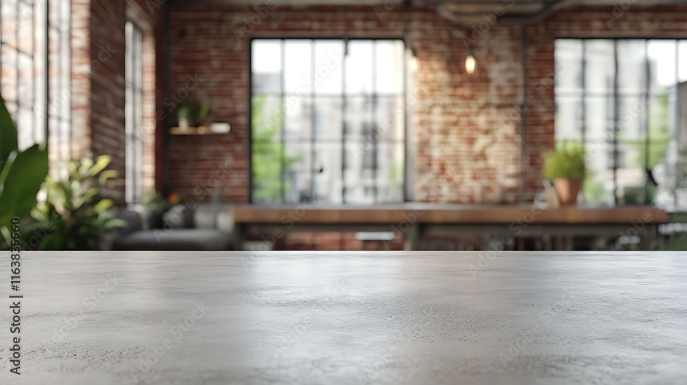 Obraz premium Smooth concrete slab with a blurred modern industrial loft and exposed brick walls background