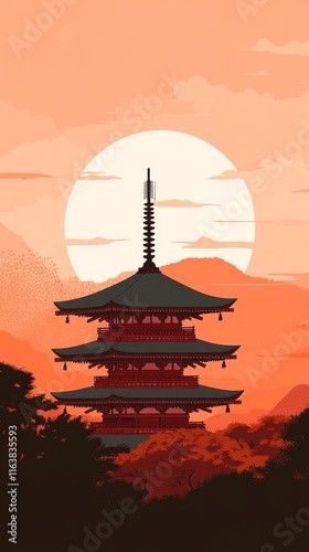 Sunset Over Traditional Pagoda With Mountain Backdrop Creating a Serene Atmosphere in an Illustrative Art Style