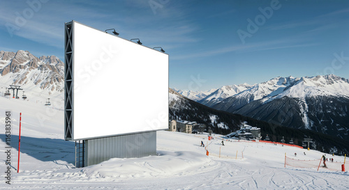 mockup of empty banner at ski resort in winter . Generative AI