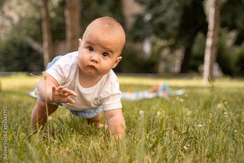 Adorable Baby crawling in the grass. Newborn discovering nature by going through the park. Outdoor infant activities. Baby wearing white t-shirt and blue pants. Adorable Baby crawling in the grass. Newborn discovering nature by going through the park. Outdoor infant activities. Baby wearing white t-shirt and blue pants.