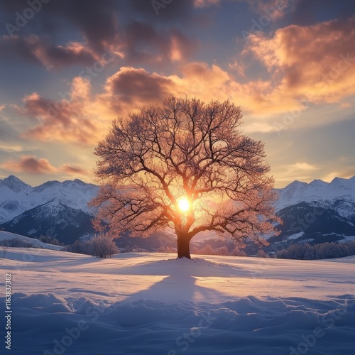 Generates an image of a tree in a meadow and in the background the snowy mountains with a sunset photo