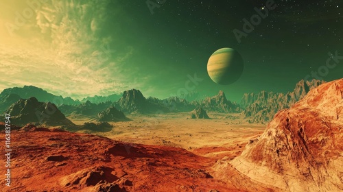 Mars landscape, alien planet background, red desert surface with mountains, craters, saturn and stars shine on green sky. Martian extraterrestrial computer game backdrop, cartoon vector illustration photo