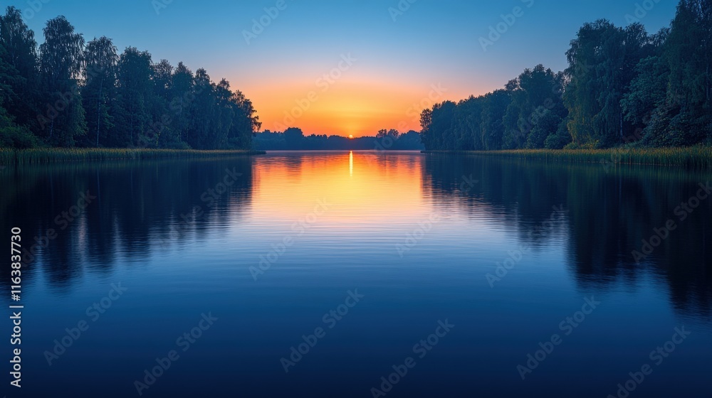 Serene sunset over calm lake, trees reflected in still water. Serene sunset over calm lake, trees reflected in still water.