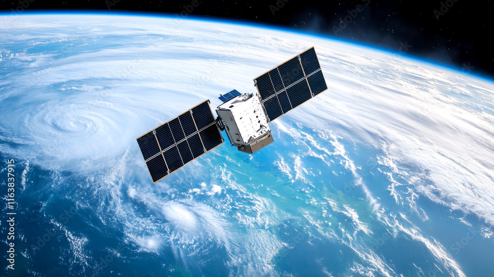 Fototapeta premium A satellite orbits Earth, capturing views of swirling clouds and ocean, showcasing the beauty and fragility of our planet from space.