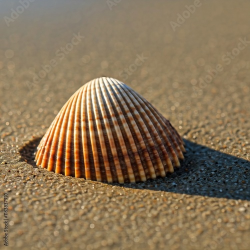 The intricate details of a shell resting in wet sand, captured under soft sunlight.
 photo