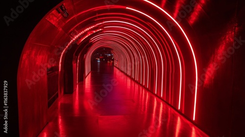 Fototapeta Naklejka Na Ścianę i Meble -  Red led light tunnel on black background. Vector realistic illustration of abstract neon arch illumination glowing on dark stage, laser beam corridor for nightclub decoration, futuristic cyber space