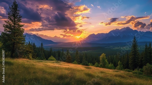 Majestic Sunset Over Mountains and Forests With Golden Light Illuminating the Tranquil Landscape in Summer