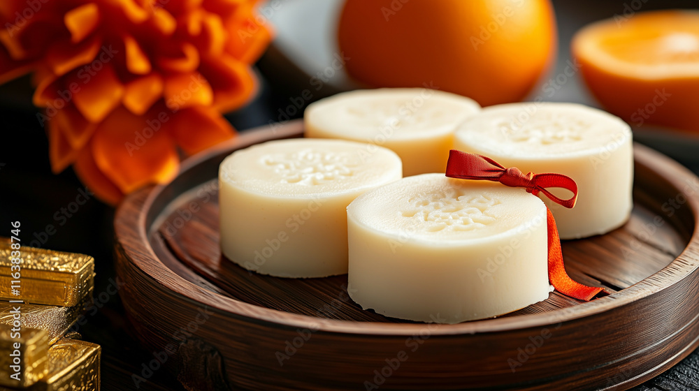 Steamed nian gao stacked with a ribbon bow, displayed on a wooden tray beside mandarin oranges and gold ingots. Steamed nian gao stacked with a ribbon bow, displayed on a wooden tray beside mandarin oranges and gold ingots.