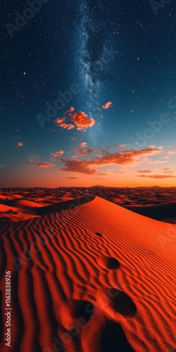 Sunset over red sand dunes with Milky Way visible in the night sky.