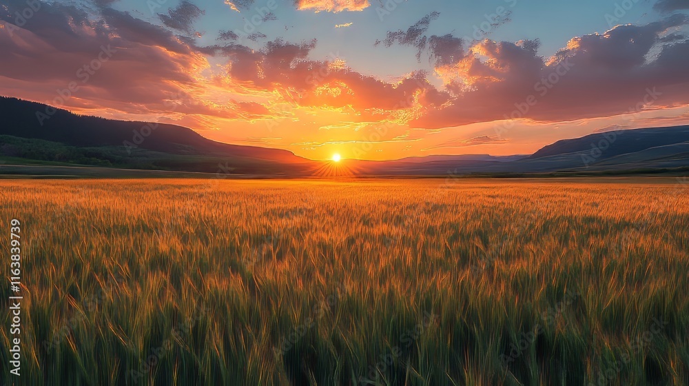 Golden Sunset Over a Vast Wheat Field With Rolling Hills Under a Vibrant Cloudy Sky at Dusk Golden Sunset Over a Vast Wheat Field With Rolling Hills Under a Vibrant Cloudy Sky at Dusk