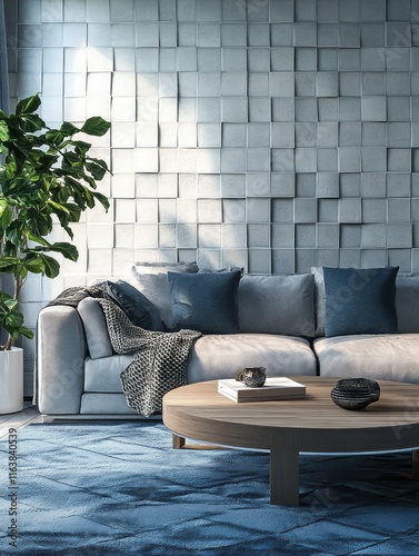 Modern living room with blue accents and textured wall