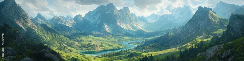 Fototapeta premium Majestic Mountain Landscape With a Winding River and Lush Greenery Under a Cloudy Sky in the Early Hours of the Morning