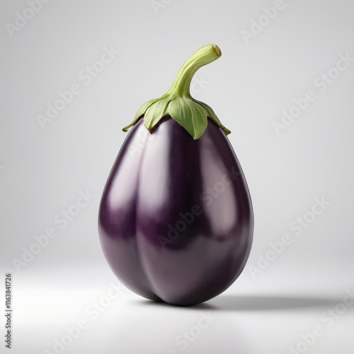 A fresh purple eggplant displayed against a white backdrop, highlighting its glossy surface and distinctive form.
