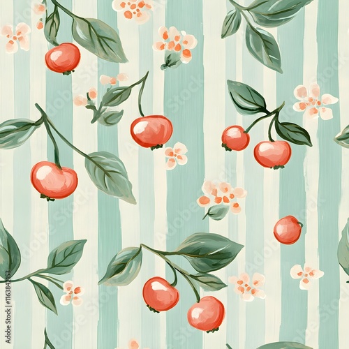 Seamless green house, cherry and birds collection pattern