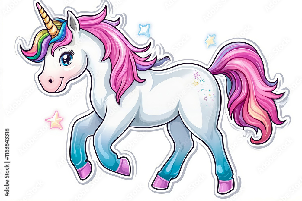 Naklejka premium A cartoon unicorn with a pink mane and a blue mane