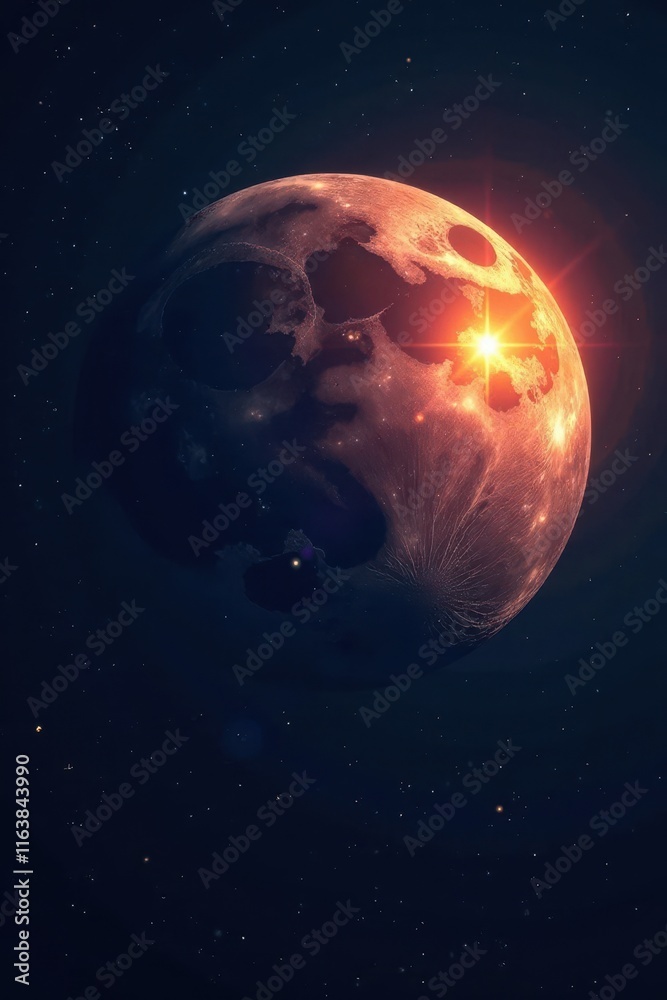 Obraz premium Dark celestial body with glowing star and moon against dark background, astronomy, space