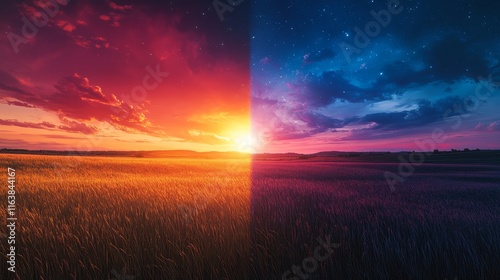 Stunning Sunset Splits Day and Night Over a Tranquil Landscape With Vibrant Colors Creating a Captivating Transition in the Sky