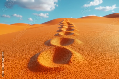 A pair of footprints in soft desert sand stretching into the horizon. Generative AI photo