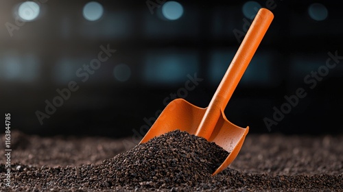 Heavy duty construction shovel with an orange handle resting on a gravel ground surface  The shovel is a versatile tool used for excavation gardening farming and various construction site tasks