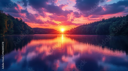 Vibrant sunset over calm lake reflecting colorful sky and trees.