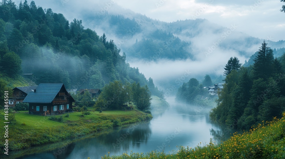Fototapeta premium Misty River Landscape With a Rustic Cabin Surrounded by Mountains and Forests During Early Morning Light