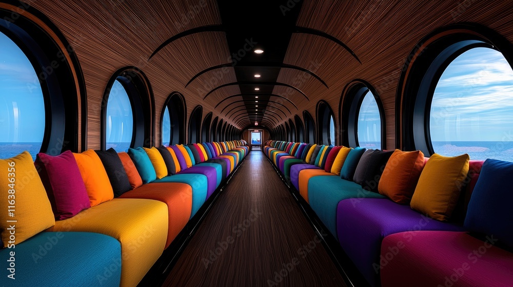Obraz premium Vibrant seating area with colorful cushions scenic train car interior design modern environment wide angle view