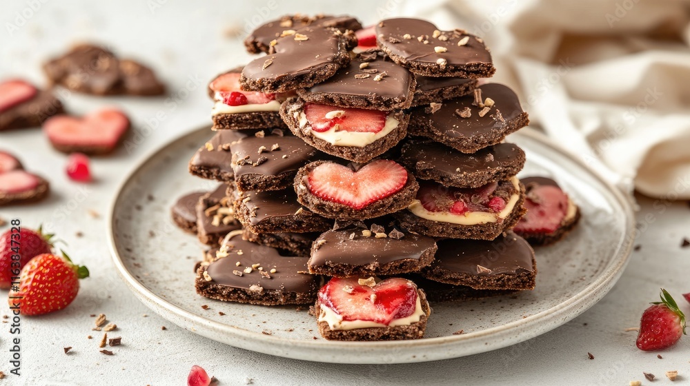 Heart-Shaped Chocolates with Strawberry Cream on White Plate Heart-Shaped Chocolates with Strawberry Cream on White Plate