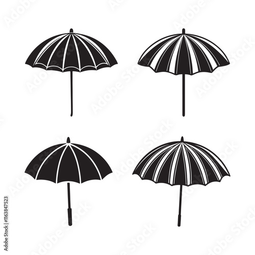 set of beach umbrella silhouette, black and white silhouette, vector and illustration