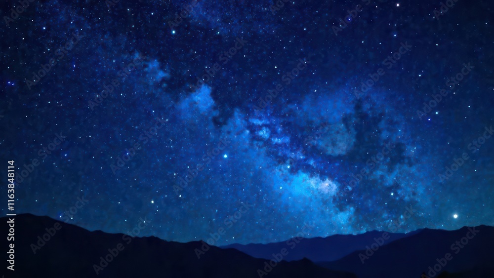 Fototapeta premium starry night sky background, deep dark blue with scattered stars, milky way galaxy, dreamy cosmic atmosphere, high-resolution, ethereal and magical feel, poster, postcard, screensaver, wallpaper.