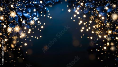 A luxurious abstract background of glittering lights in a de-focused style, combining deep blue and gold tones over a black base. photo