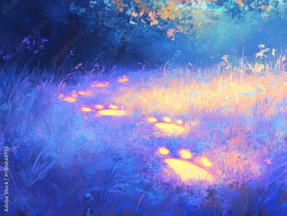 Ethereal Bunny Footprints Glowing on Pastel Grass Under a Dreamy Sky at Twilight Ethereal Bunny Footprints Glowing on Pastel Grass Under a Dreamy Sky at Twilight